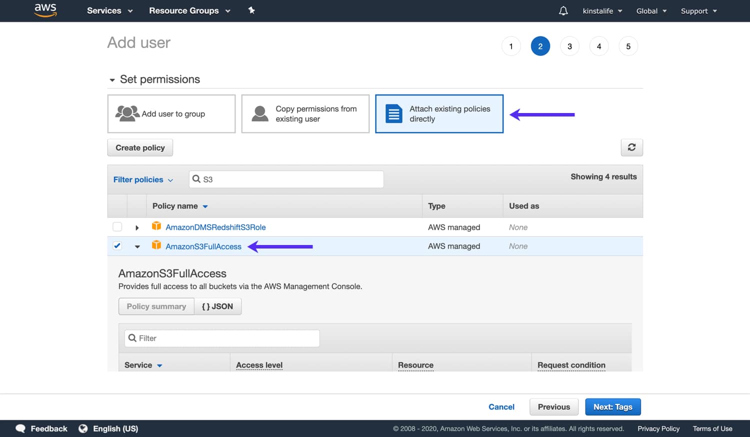 Add the AmazonS3FullAccess policy to your IAM user Add the AmazonS3FullAccess policy to your IAM user.