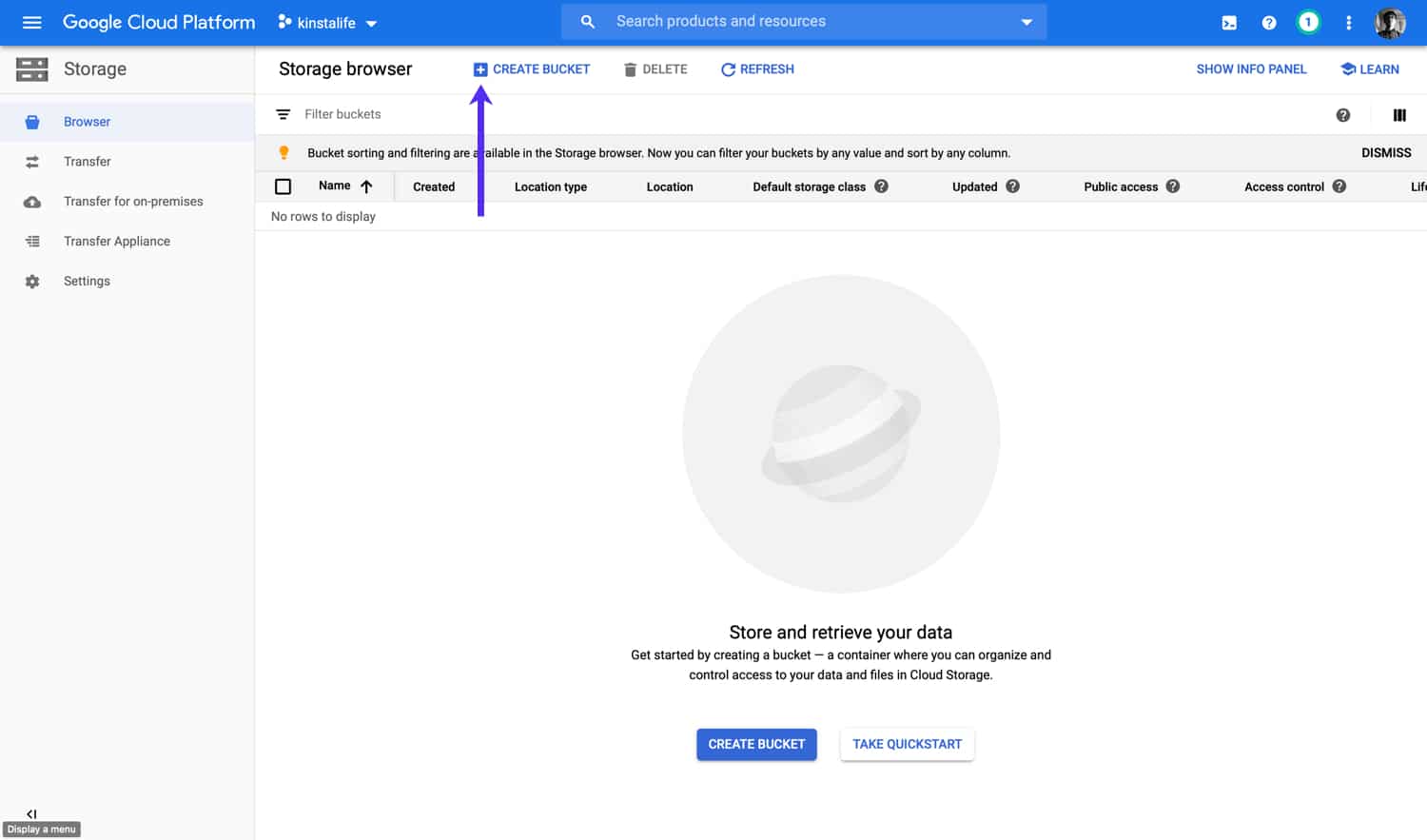Click on Create Bucket in Google Cloud Storage Google Cloud Storageの「作成」ボタンをクリックする