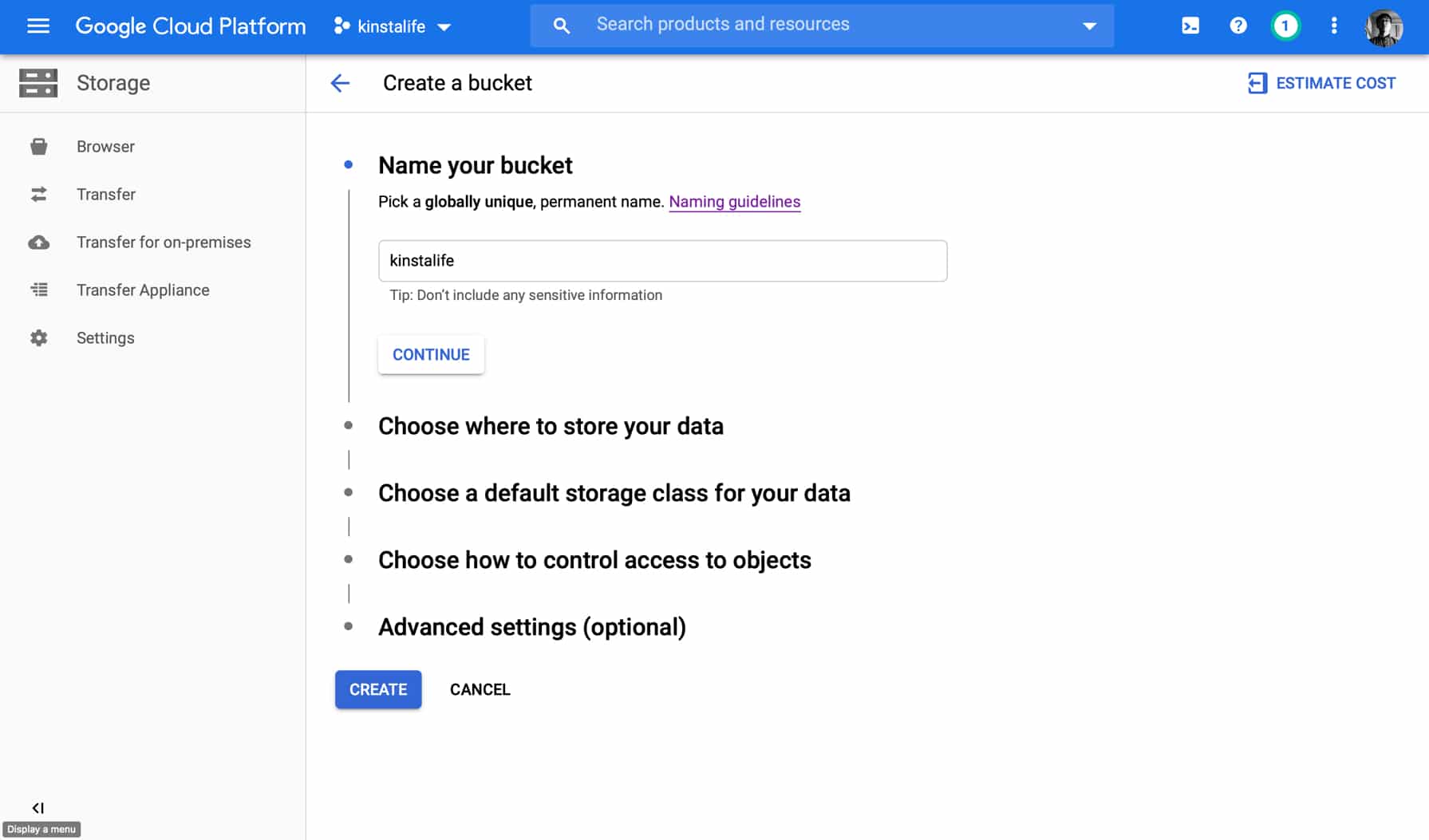 Name your Google Cloud Storage bucket Google Cloud Storageのバケットに名前を付ける