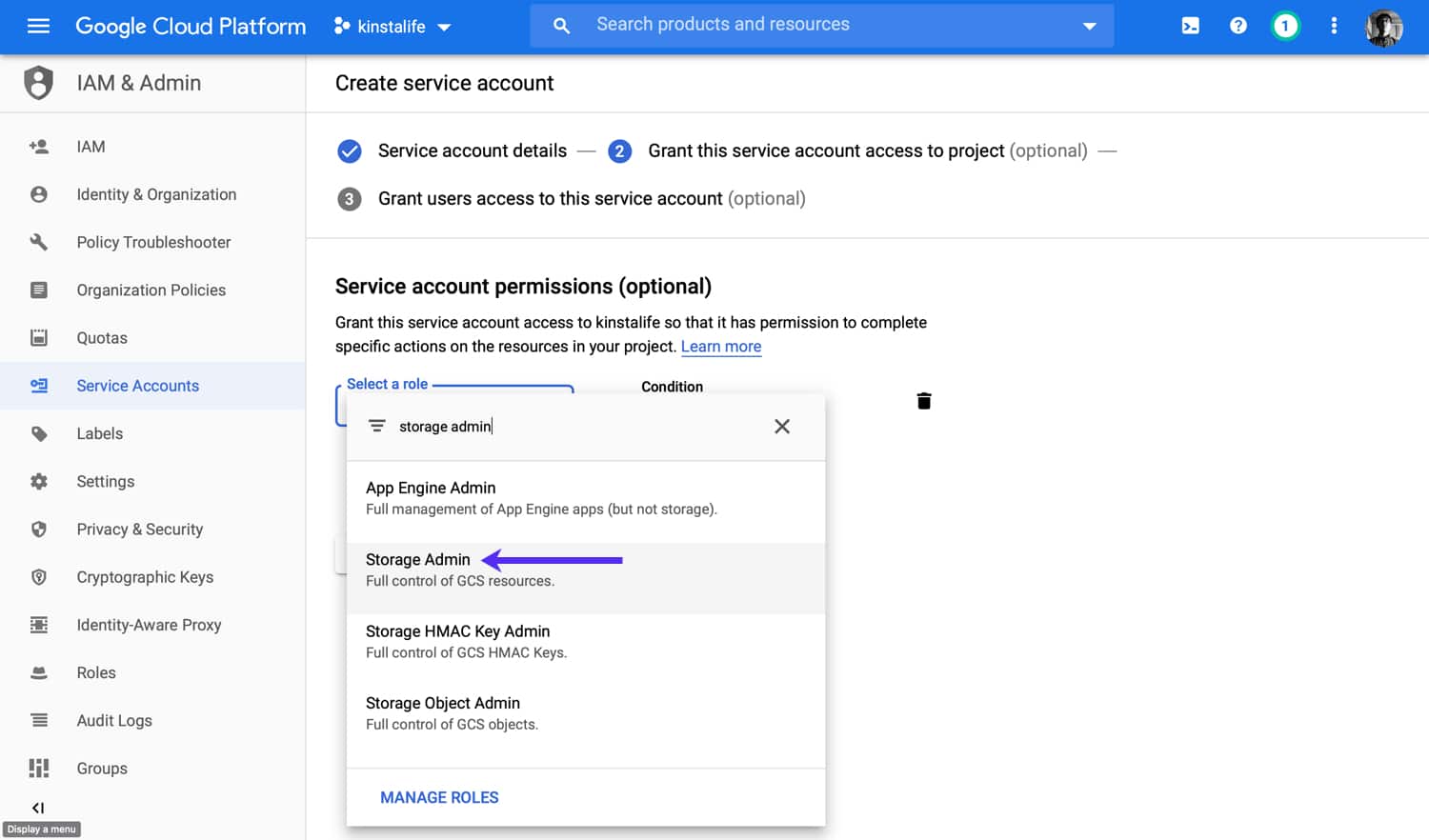 Add Storage Admin permissions to your service account. サービス アカウントに「ストレージ管理者」の権限を追加する
