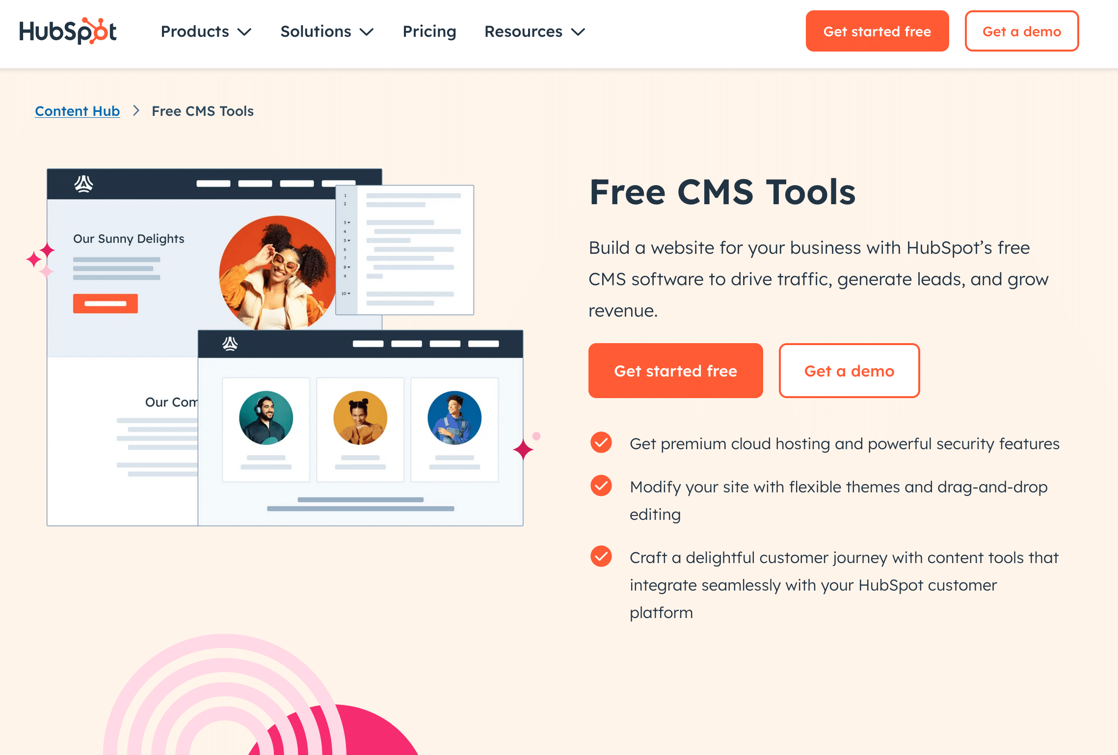 A screenshot of the website for HubSpot's Free CMS Tools.