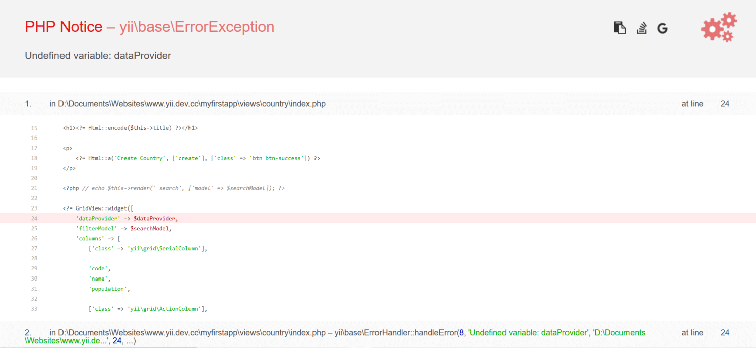 Yii-Fehler für undefinierte Variable
