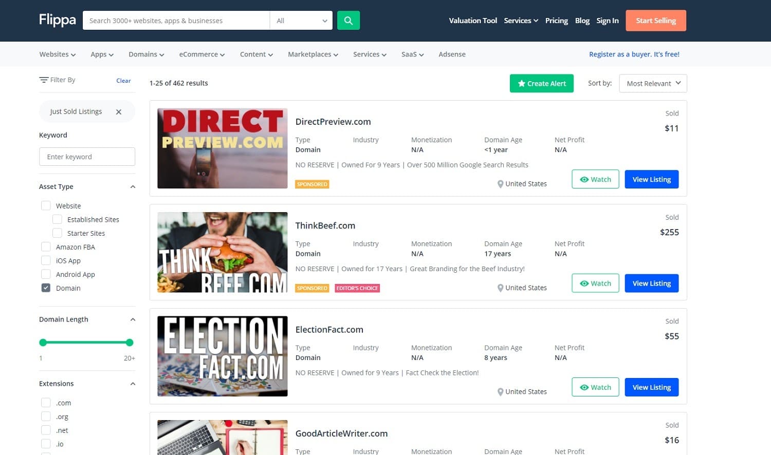 Flippa markt voor domeinnamen