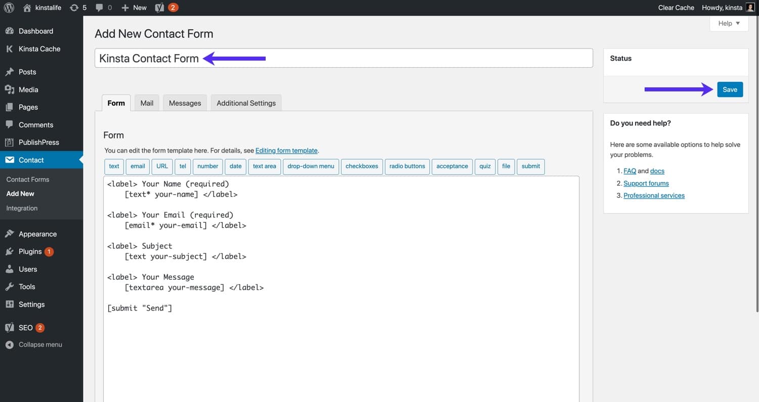 Salve seu novo formulário de contato WordPress.