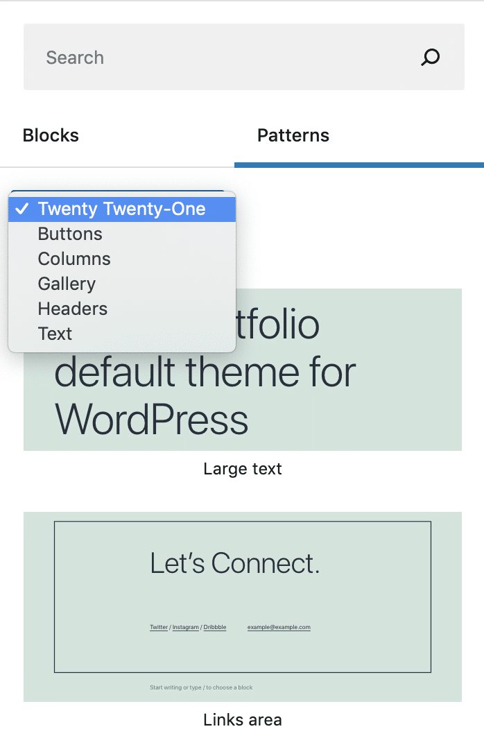 Il menu a tendina per le categorie dei pattern dei blocchi