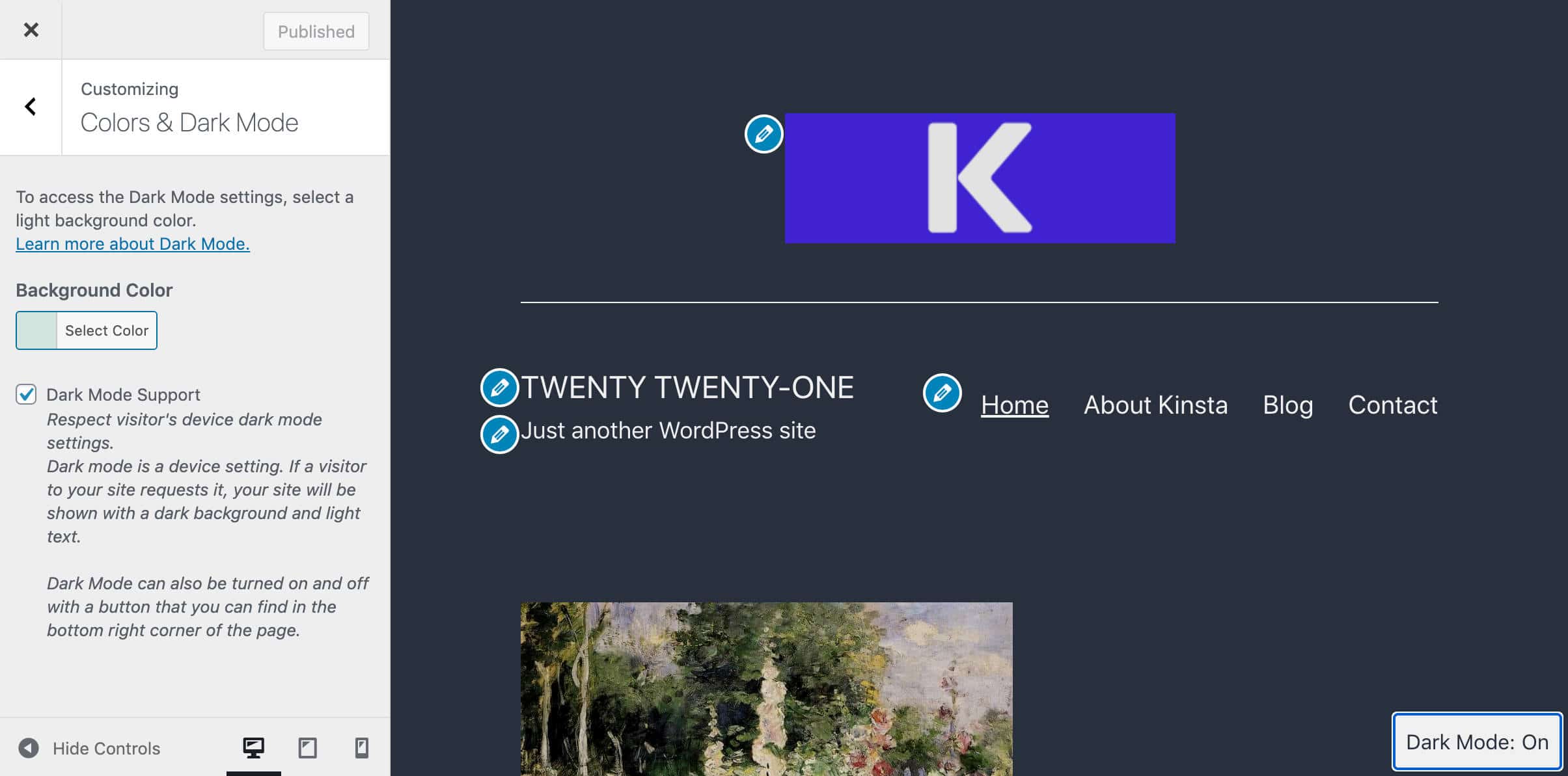 Modo escuro ativado no WordPress Customizer