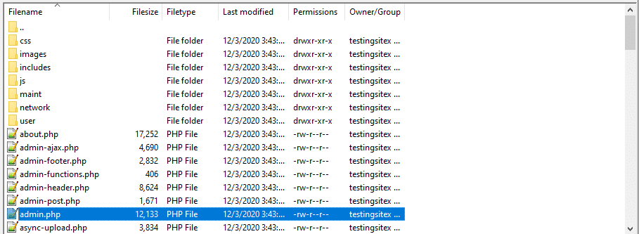 Lista di file di WordPress in cui è evidenziato i file admin.php