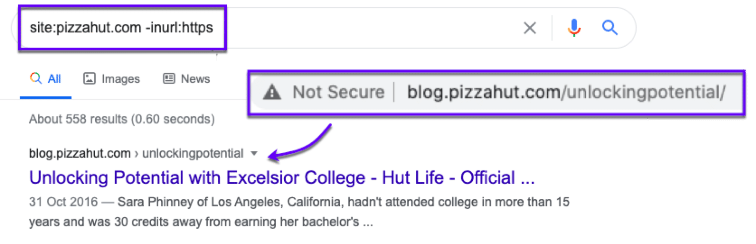 Ejemplo de un Operador de Búsqueda Avanzada de Google para encontrar páginas de sitios no seguros