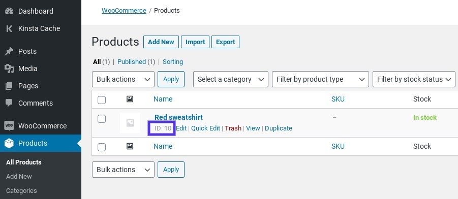 Una identificación de producto de WooCommerce