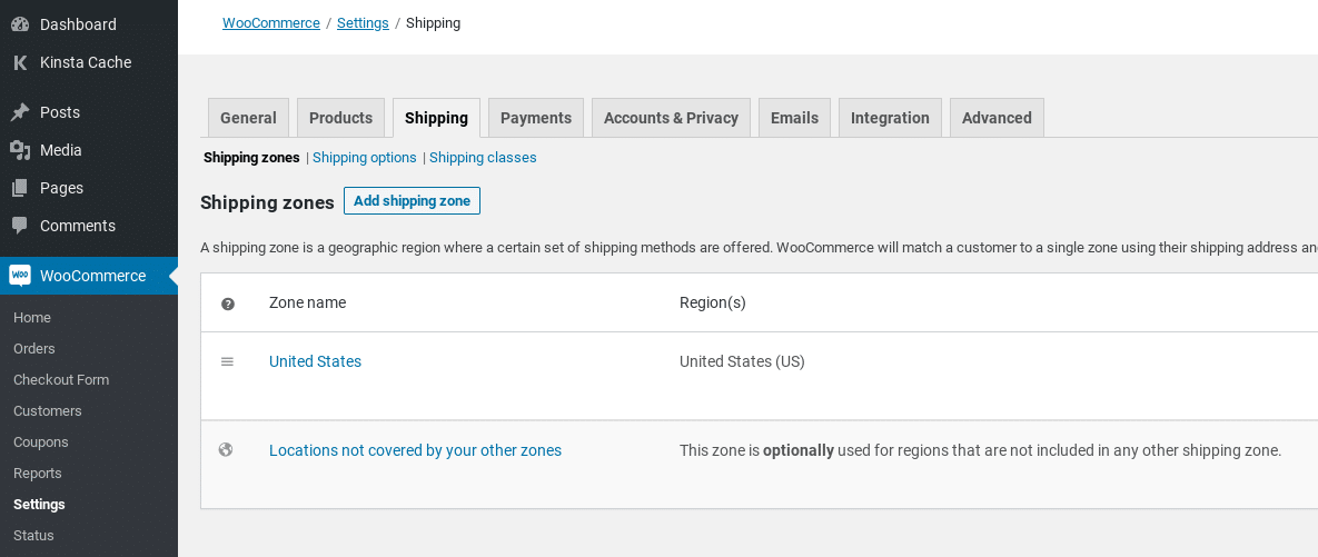 La configuración de envío de WooCommerce