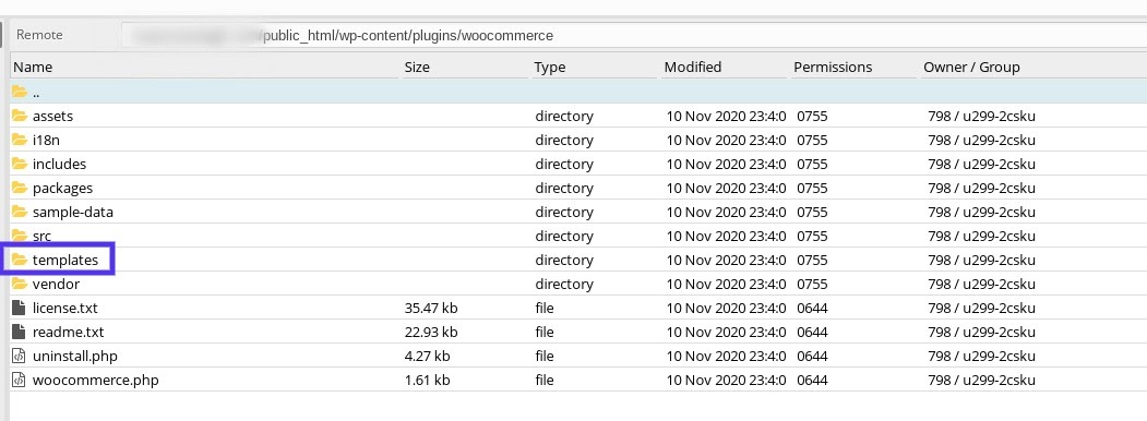 La carpeta de plantillas de WooCommerce