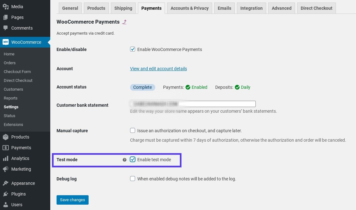 El modo de prueba de los pagos de WooCommerce