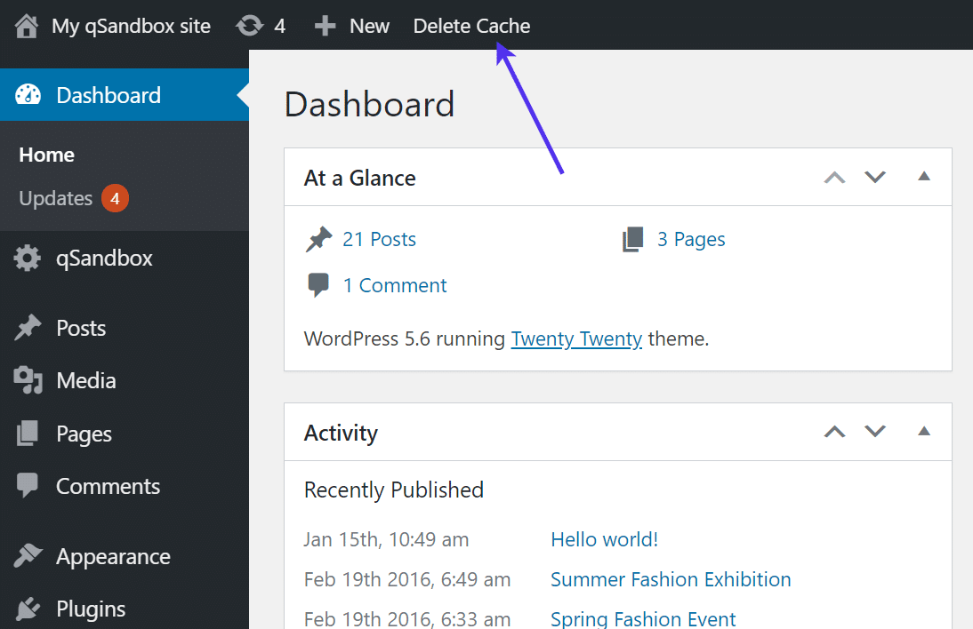 De 'Delete Cache' link van WP Super Cache