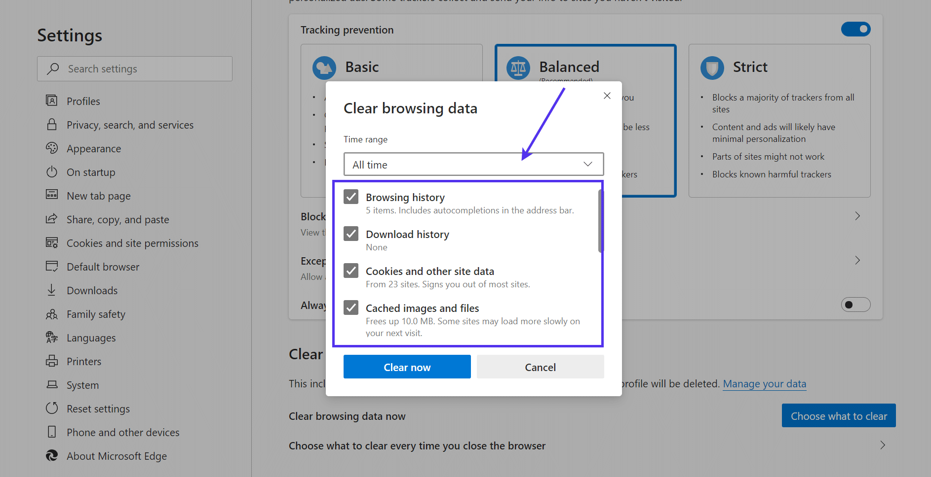 De optie 'Clear browsing data' van de Edge-browser