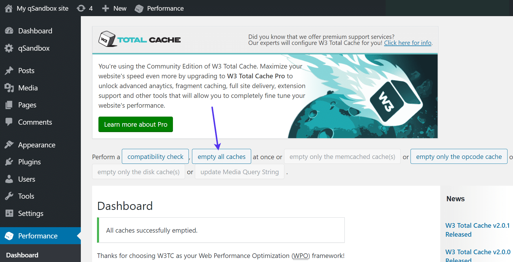 Klik op de knop ''empty all caches' om de WordPress cache te wissen