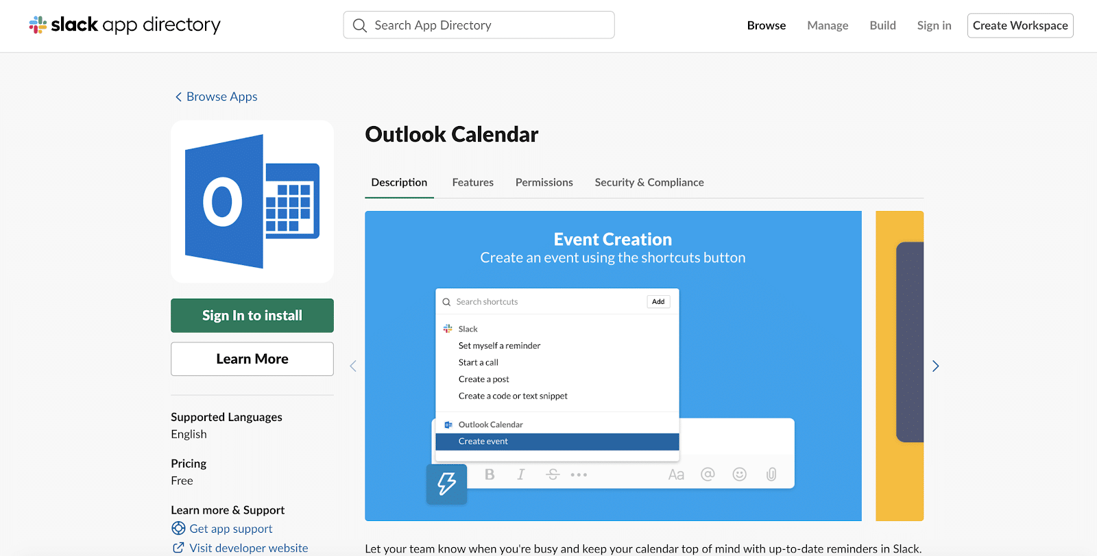 Outlook Calendar para Slack
