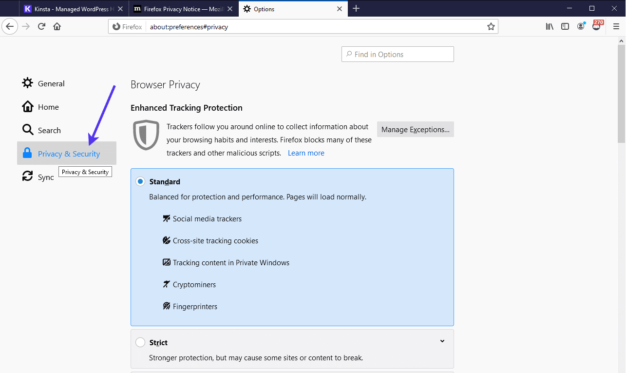 Het scherm 'Privacy & Security' van Firefox