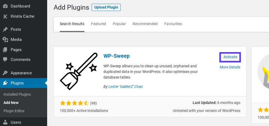 Aktiviere das WP-Sweep WordPress Plugin