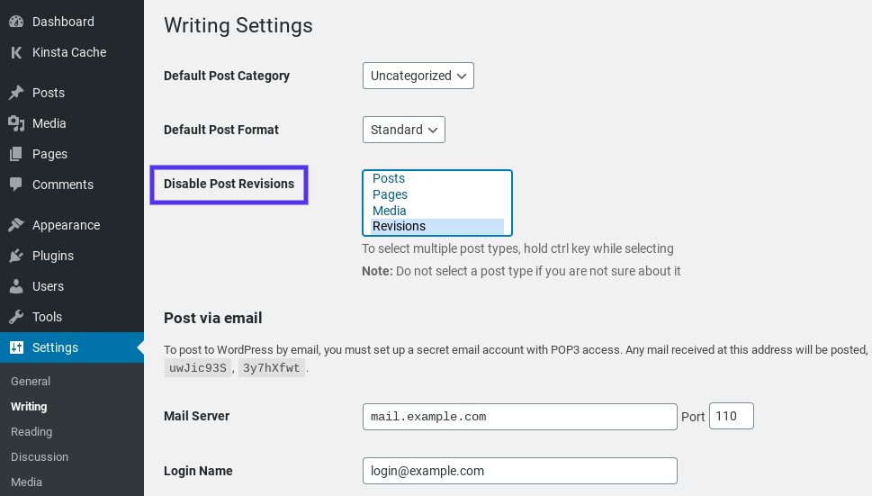 Die Disable Post Revisions WordPress Plugin Einstellungen