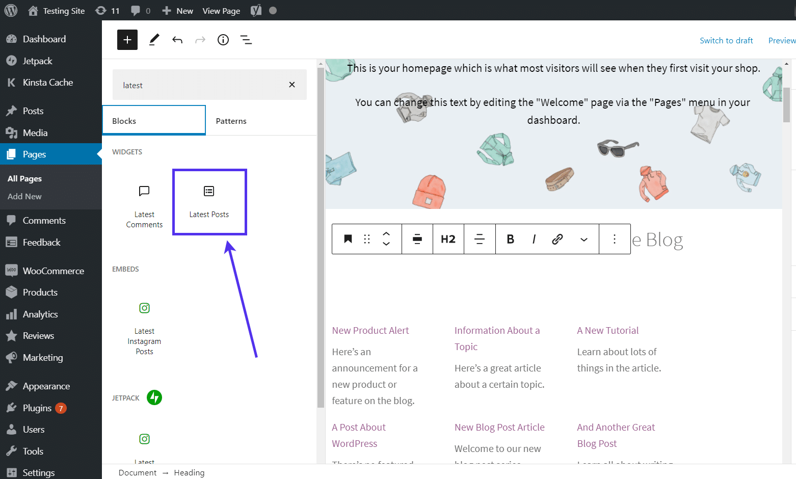 Aggiunta del blocco 'Ultimi articoli' alla