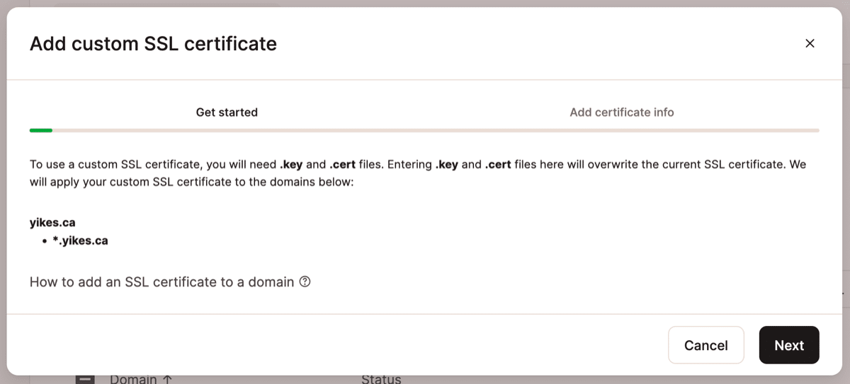 A screenshot of the dialog used to confirm the addition of a custom SSL certificate in MyKinsta.