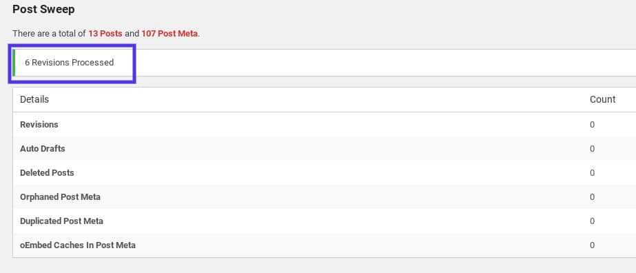 WordPress Revisionen verarbeitet mit dem WP-Sweep Plugin