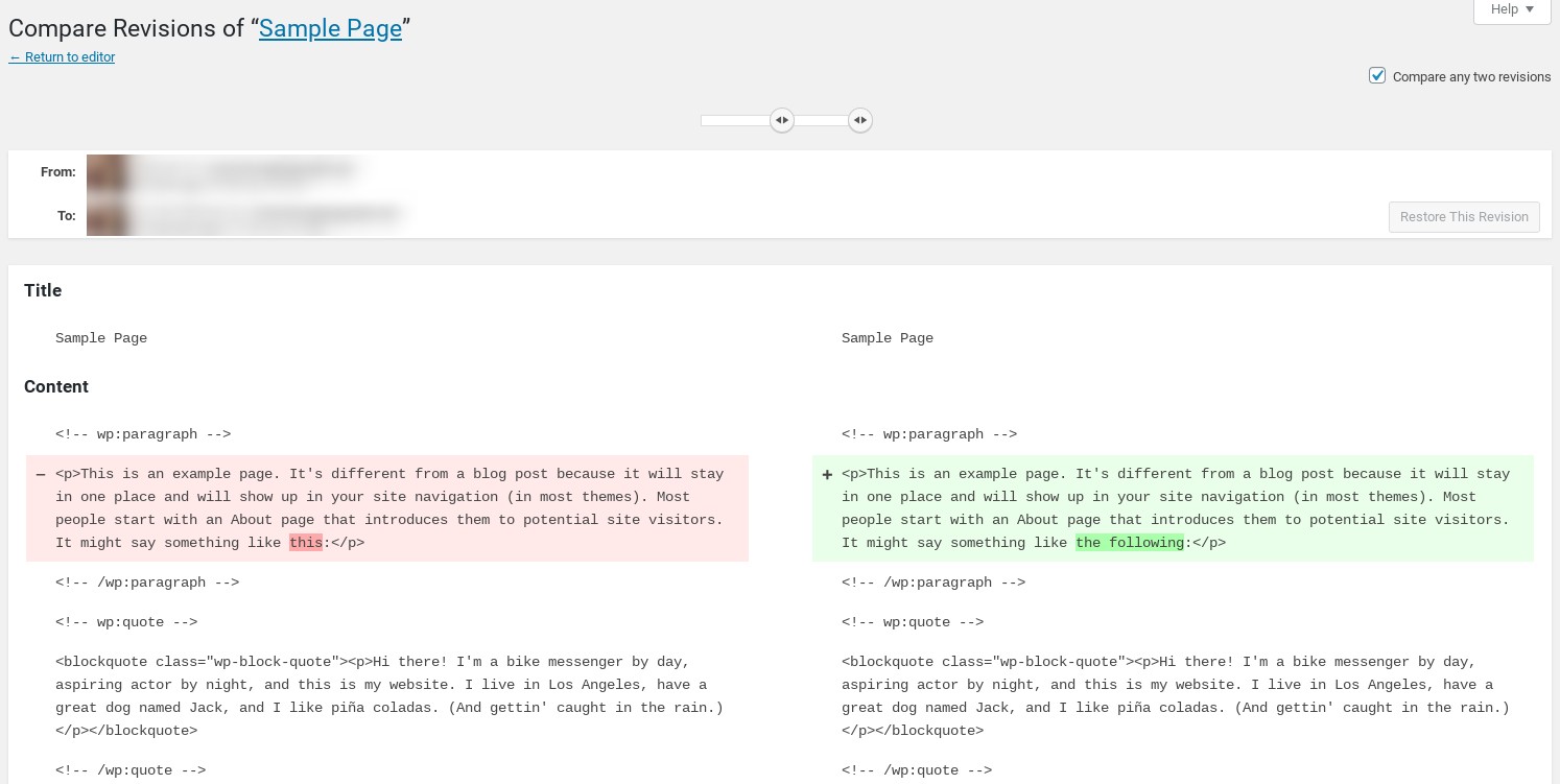 Die WordPress Revisionen Seite