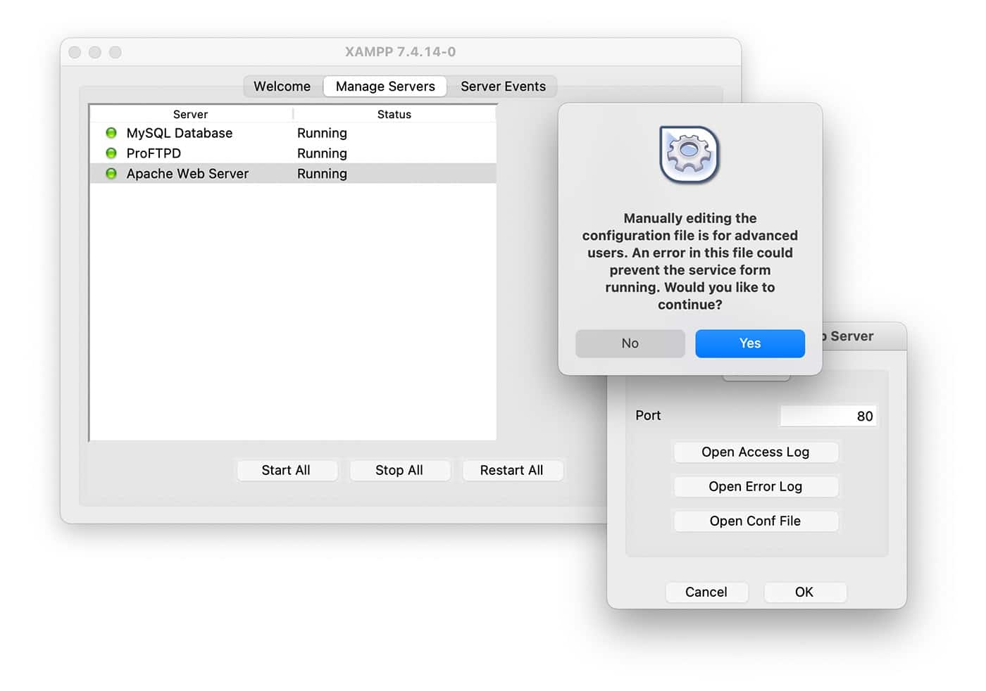Aviso do arquivo conf do XAMPP 