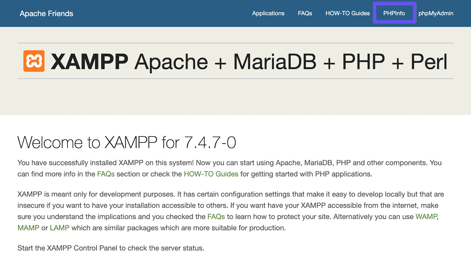 Il link PHPInfo nella bacheca di XAMPP.