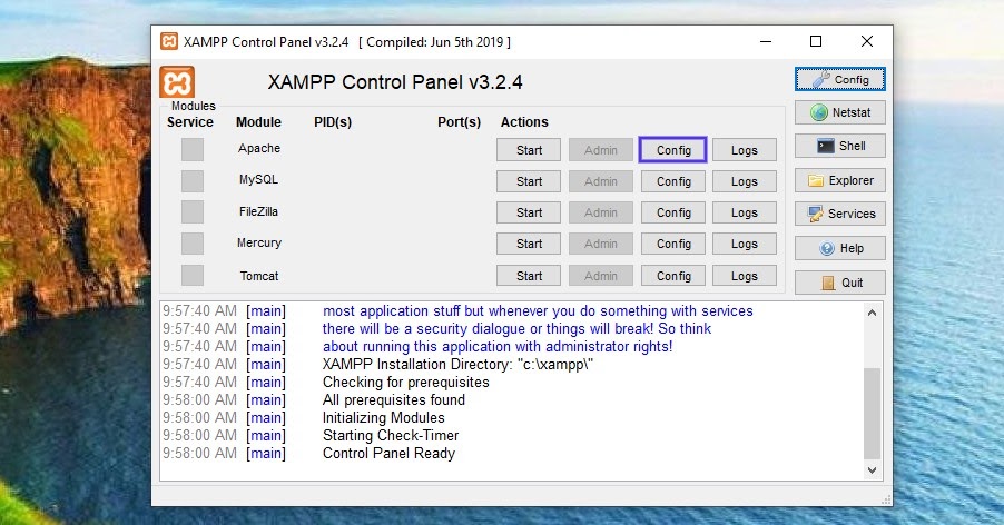 O painel de controle do XAMPP em Windows