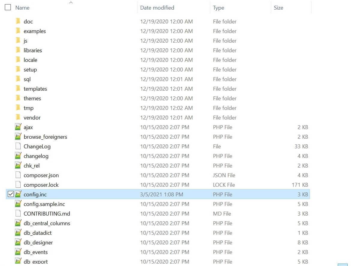 Die Datei config.inc.php in Windows.