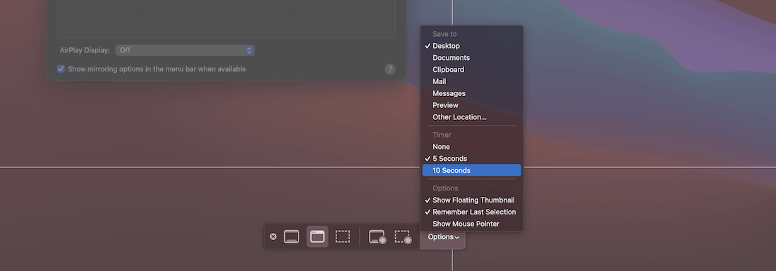 Screenshot.app’s timer options. Les options de minuterie de Screenshot.app.