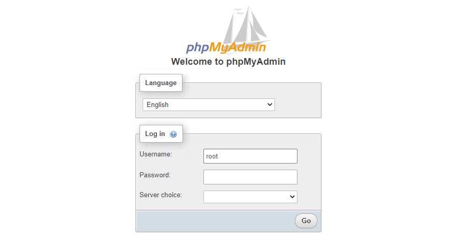 phpMyAdmin's login screen.