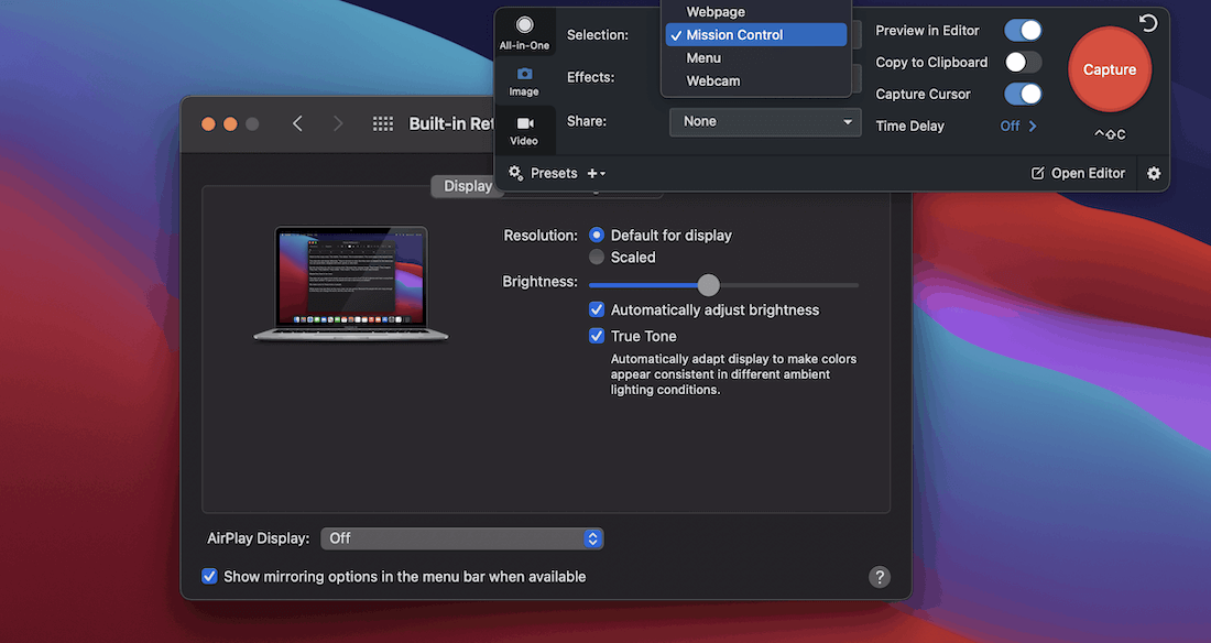 Choosing the Mission Control option in Snagit. Choisir l'option « Mission Control » dans Snagit.