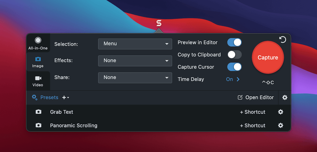 Snagit’s full-screen capture options. Les options de capture en plein écran de Snagit.