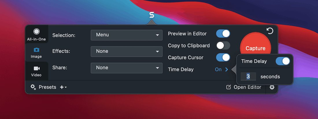 Snagit’s timer options. Les options de minuterie de Snagit.