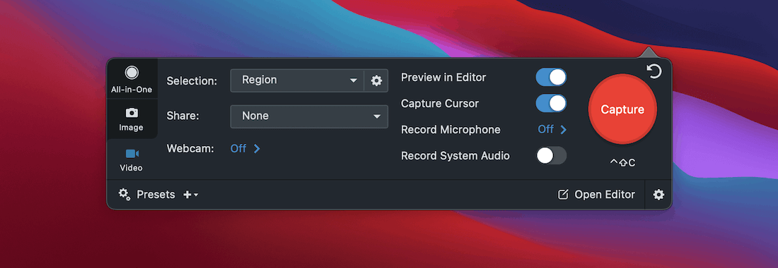 Snagit’s video recording options. Les options d'enregistrement vidéo de Snagit.