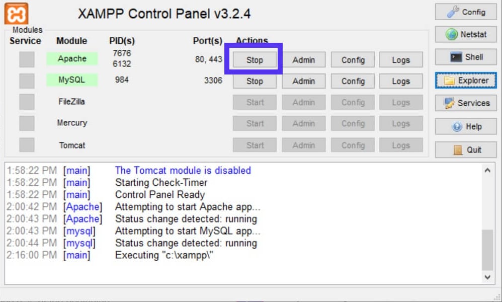 O botão Stop do XAMPP para desativar o Apache.