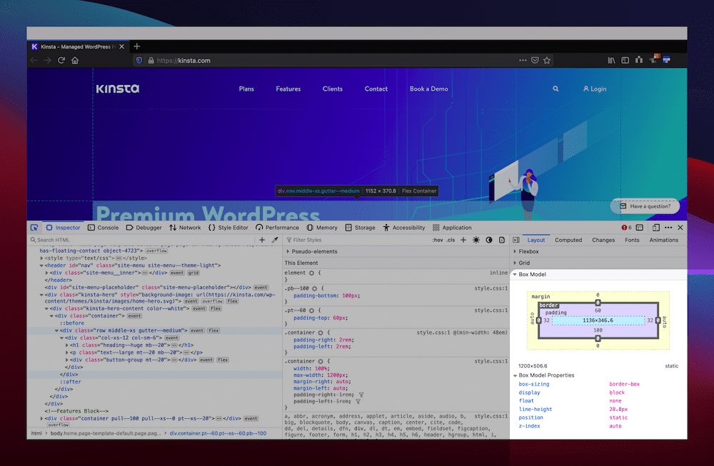 The Box Model panel within the Inspect Element tool. Das Panel vom