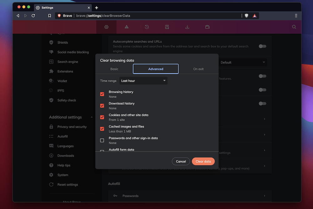 Brave's Privacy and security section. Brave's Datenschutz- und Sicherheitsbereich.