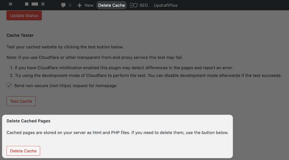 The Delete Cache button in WordPress, using WP Super Cache. Der Cache löschen Button in WordPress, mit WP Super Cache.