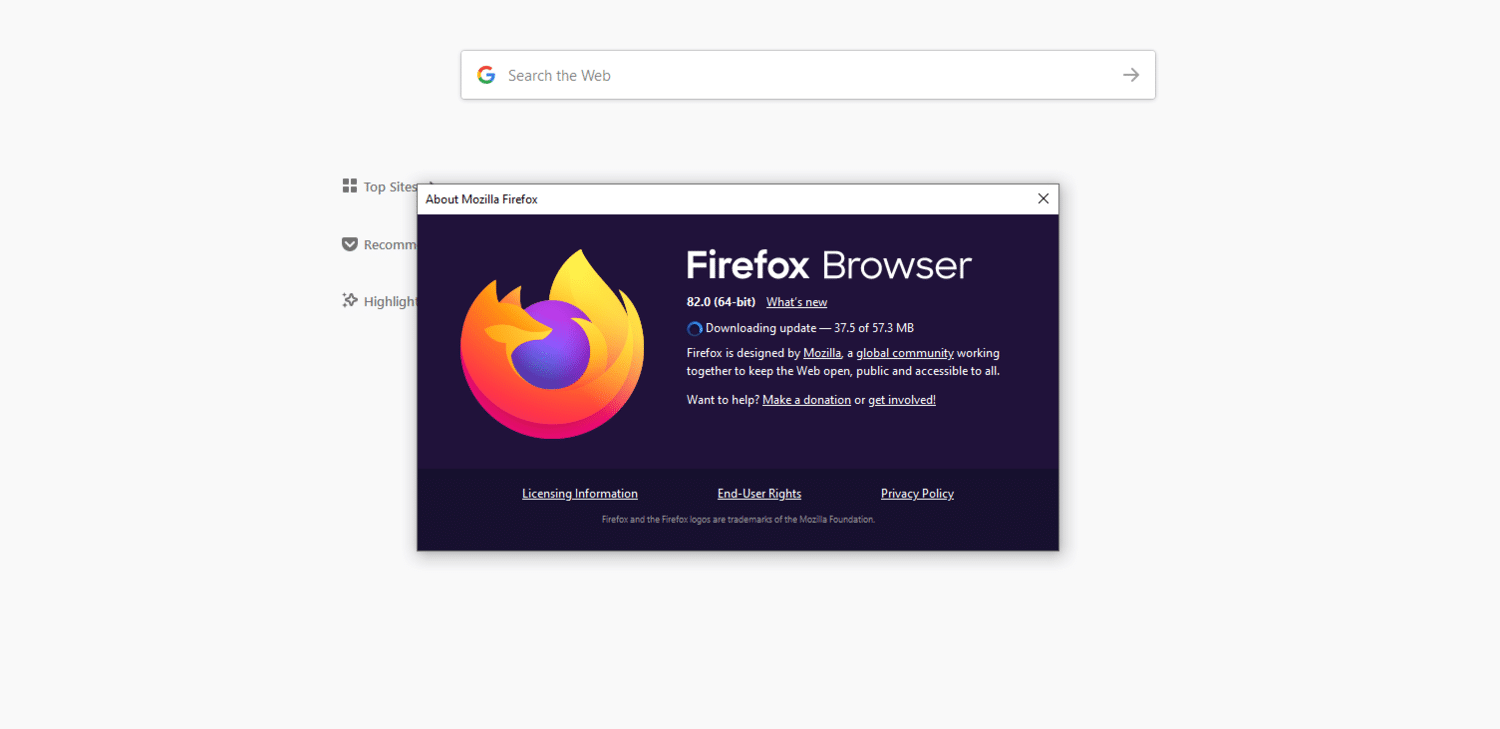 O navegador Firefox notifica os usuários que as atualizações estão sendo baixadas.