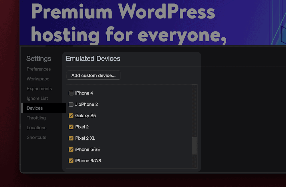A list of emulated devices within Brave. Eine Liste der emulierten Geräte, die in Brave angezeigt werden.