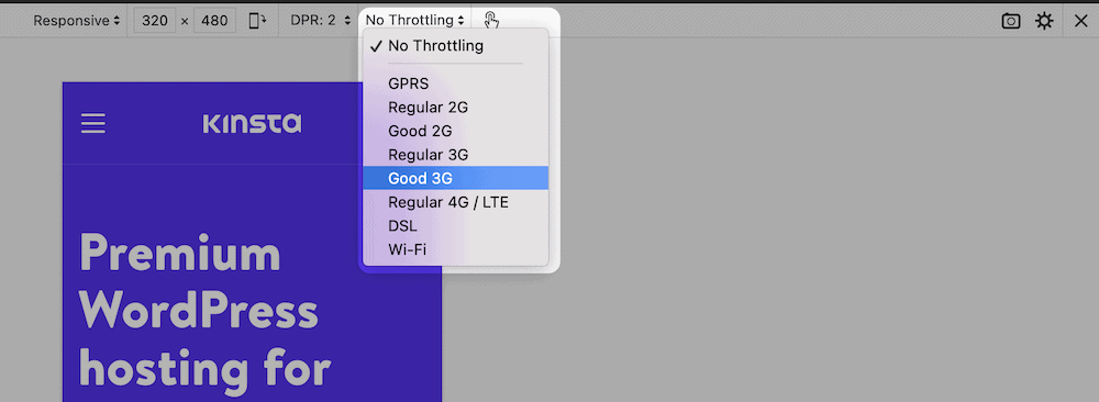 Firefox's throttling options. Die Drosselungsoptionen von Firefox.