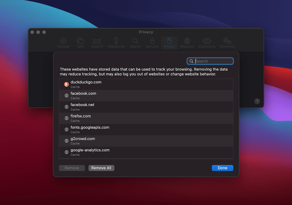 Safari's Privacy tab. Safari's Tab Datenschutz.
