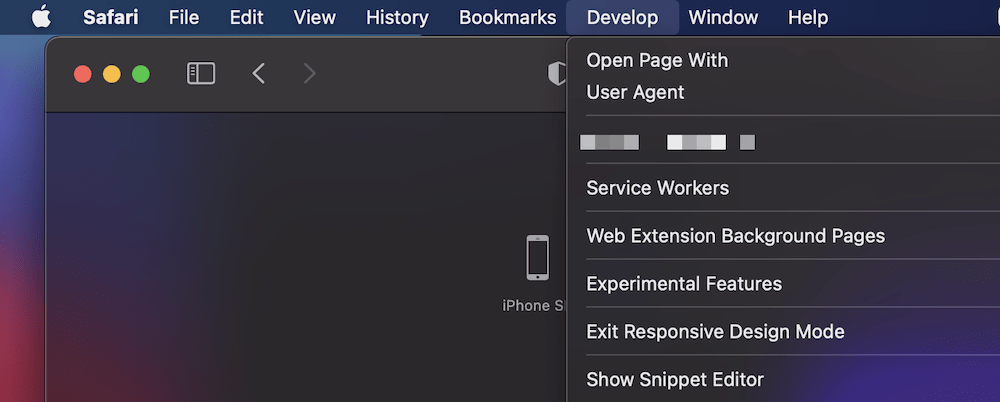 The Exit Responsive Design Mode option in Safari. Die Möglichkeit, den