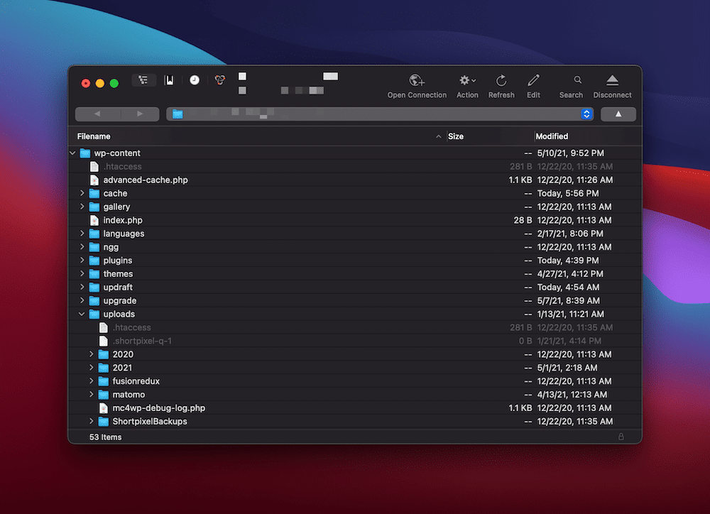 La cartella uploads vista da un client SFTP. La cartella uploads vista da un client SFTP.