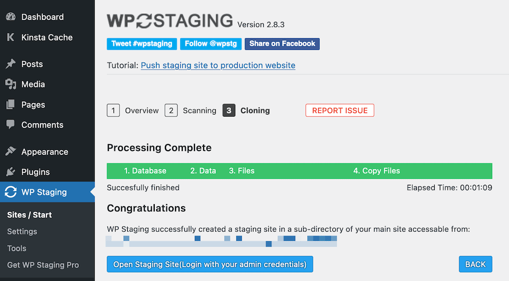 The WP Staging Completion screen. L'écran WP Staging.
