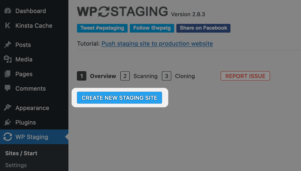 Creating a new staging site with WP Staging. Création d'un nouveau site de staging avec WP Staging.