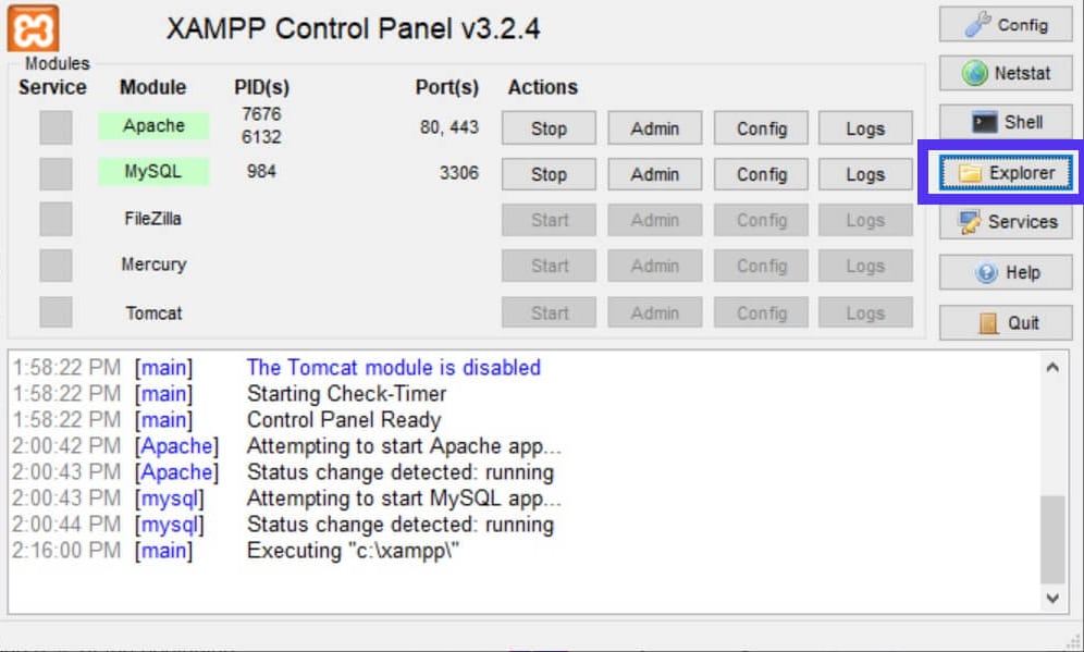 O botão Explorer no Painel de Controle do XAMPP.